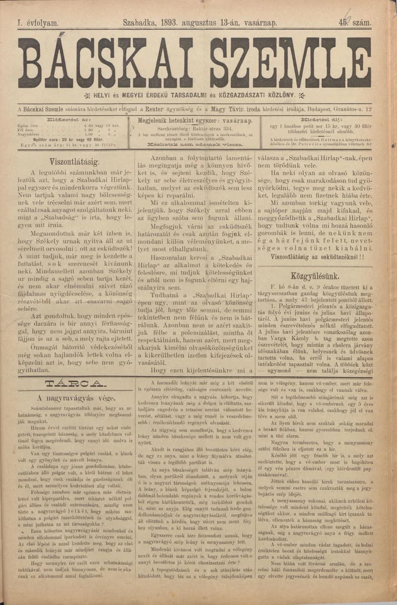 Bácskai Szemle, 1. évf. 1893. augusztus 13. 46. sz.