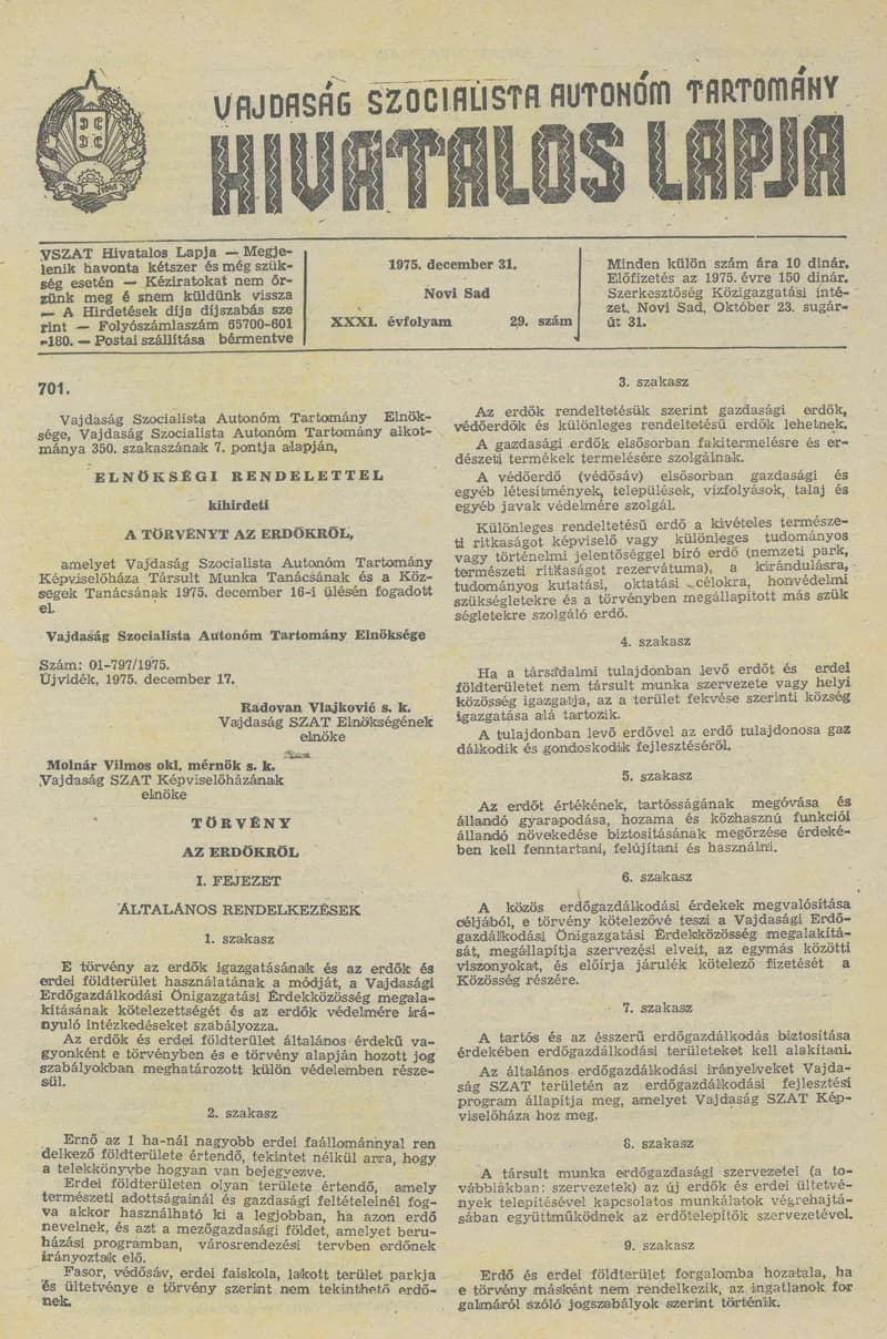 Vajdaság Szocialista Autonóm Tartomány Hivatalos Lapja, 31. évf. 1975. december 31. 29. sz. 1165–1196. oldal