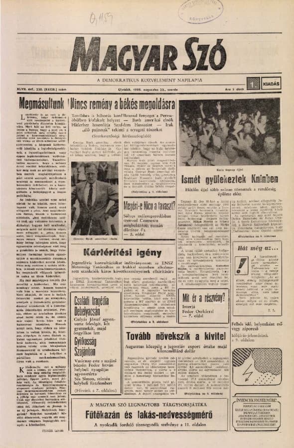 Magyar Szó, 47. évf. 1990. augusztus 22. 230. sz. 1–16. oldal