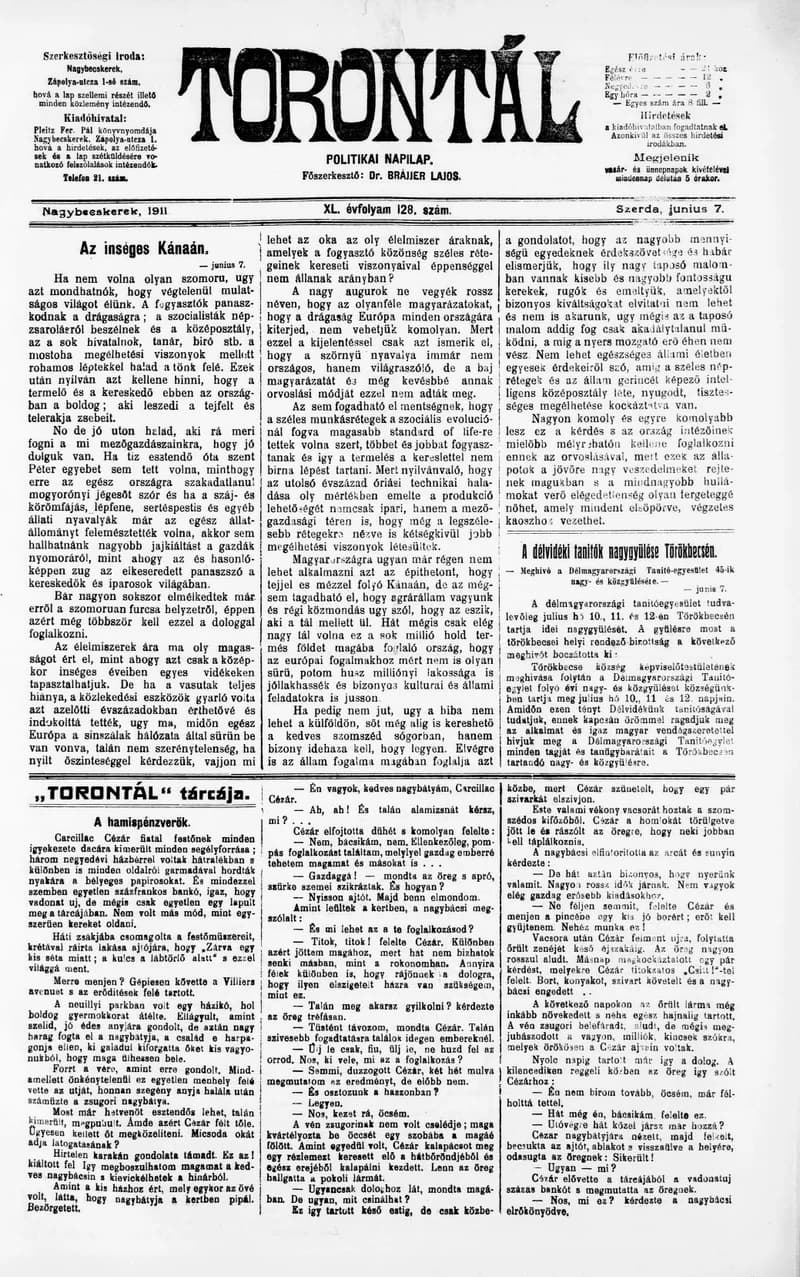 Torontál, 40. évf. 1911. június 7. 128. sz.