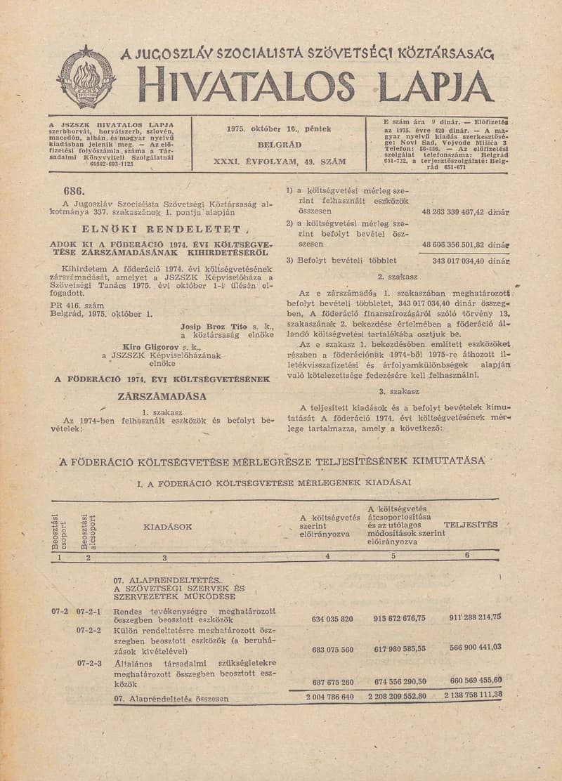 A Jugoszláv Szocialista Szövetségi Köztársaság Hivatalos Lapja, 31. évf. 1975. október 10. 49. sz. 1353–1364. oldal