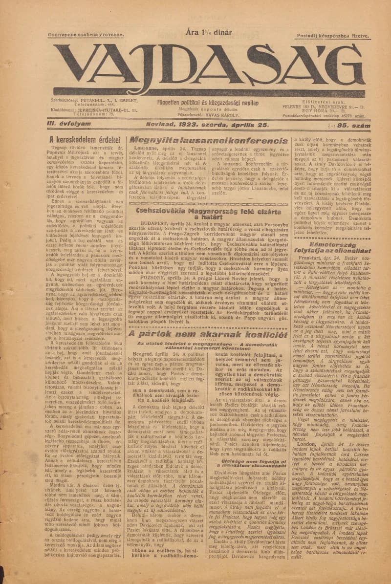 Vajdaság, 3. évf. 1923. április 25. 95. sz.