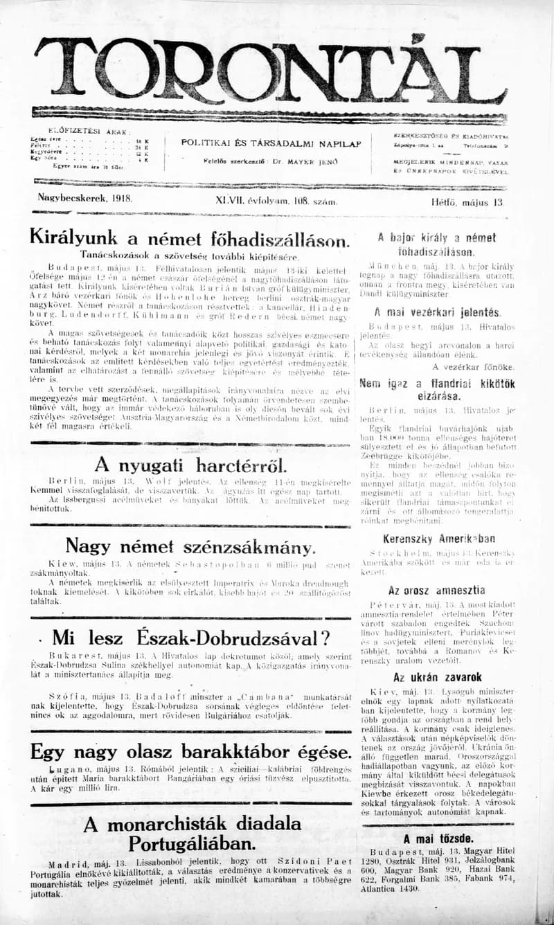 Torontál, 47. évf. 1918. május 13. 108. sz.