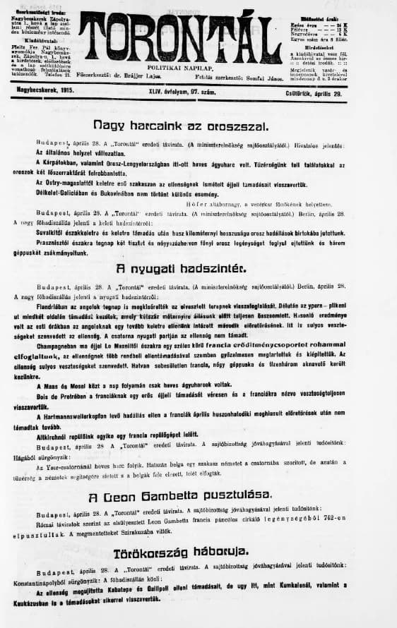 Torontál, 44. évf. 1915. április 29. 97. sz.