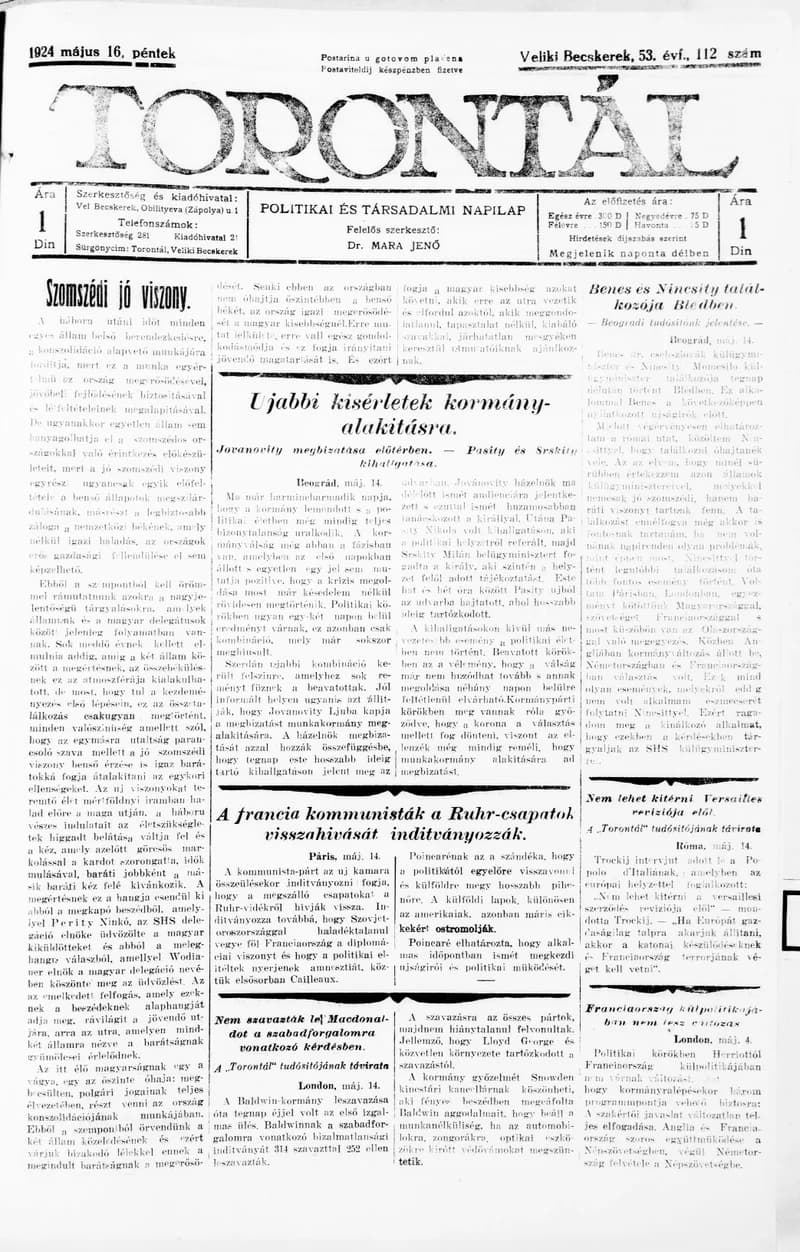 Torontál, 53. évf. 1924. május 16. 112. sz.