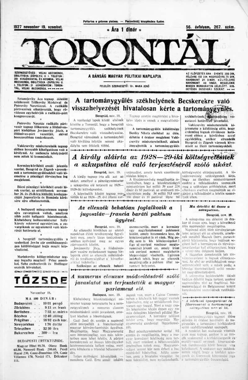 Torontál, 56. évf. 1927. november 19. 267. sz.