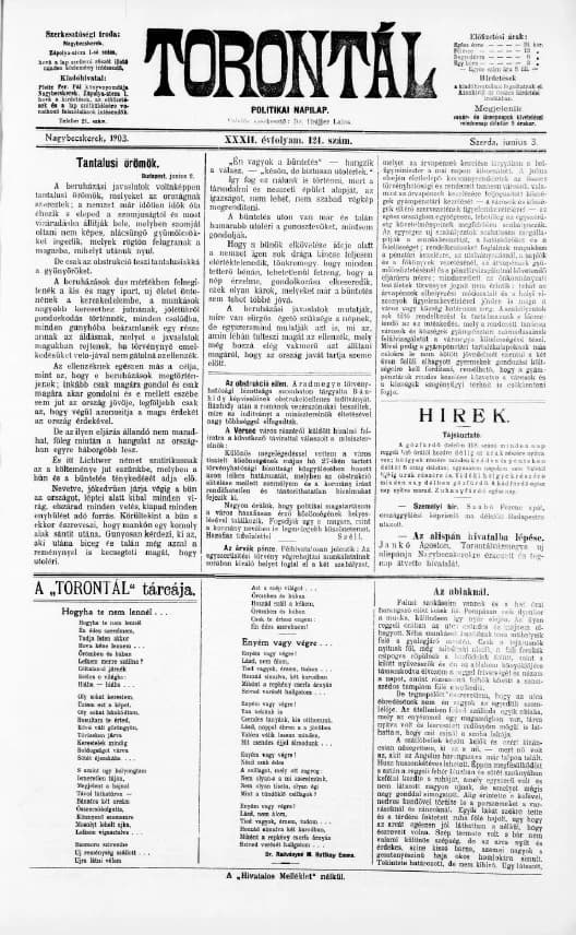 Torontál, 32. évf. 1903. június 3. 124. sz.