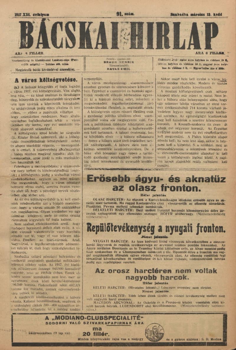 Bácskai Hirlap, 21. évf. 1917. március 13. 91. sz.