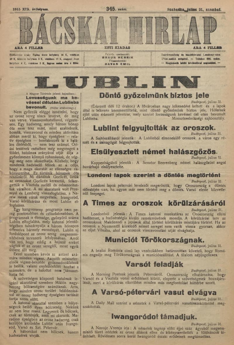 Bácskai Hirlap, 19. évf. 1915. július 31. 345. sz.