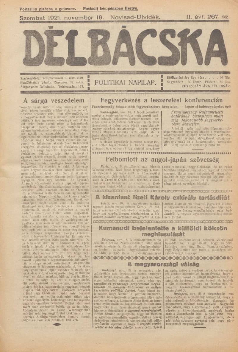 Délbácska, 2. évf. 1921. november 19. 267. sz.
