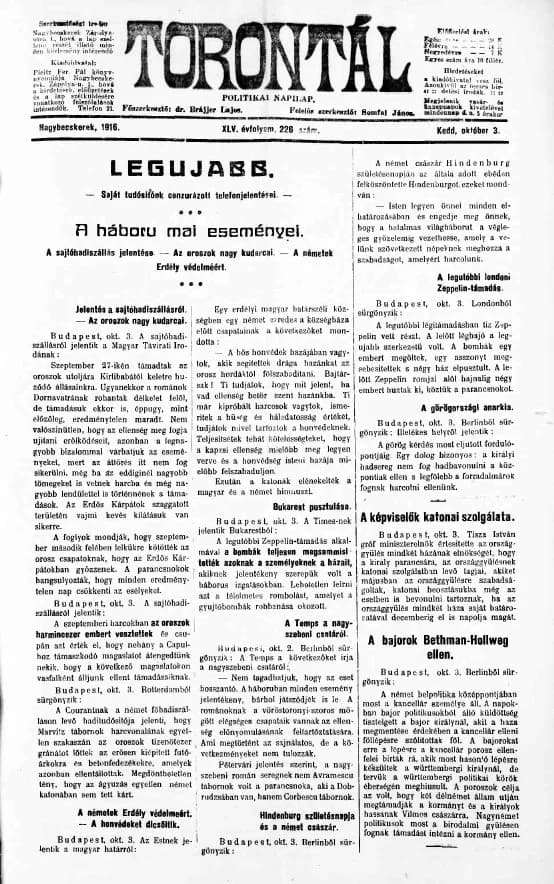 Torontál, 45. évf. 1916. október 3. 226. sz.