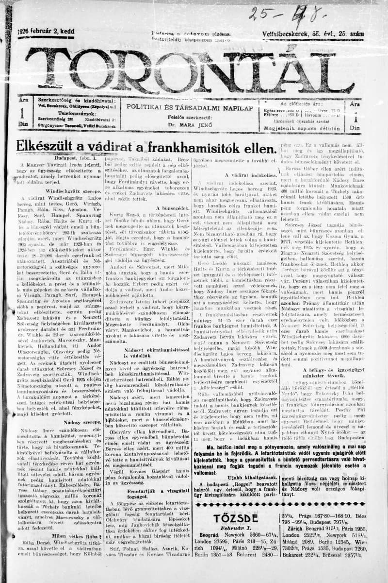 Torontál, 55. évf. 1926. február 2. 25. sz.