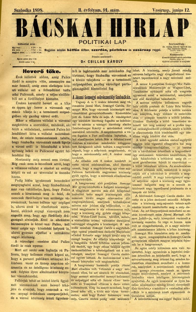 Bácskai Hirlap, 2. évf. 1898. június 12. 91. sz. 1–4. oldal