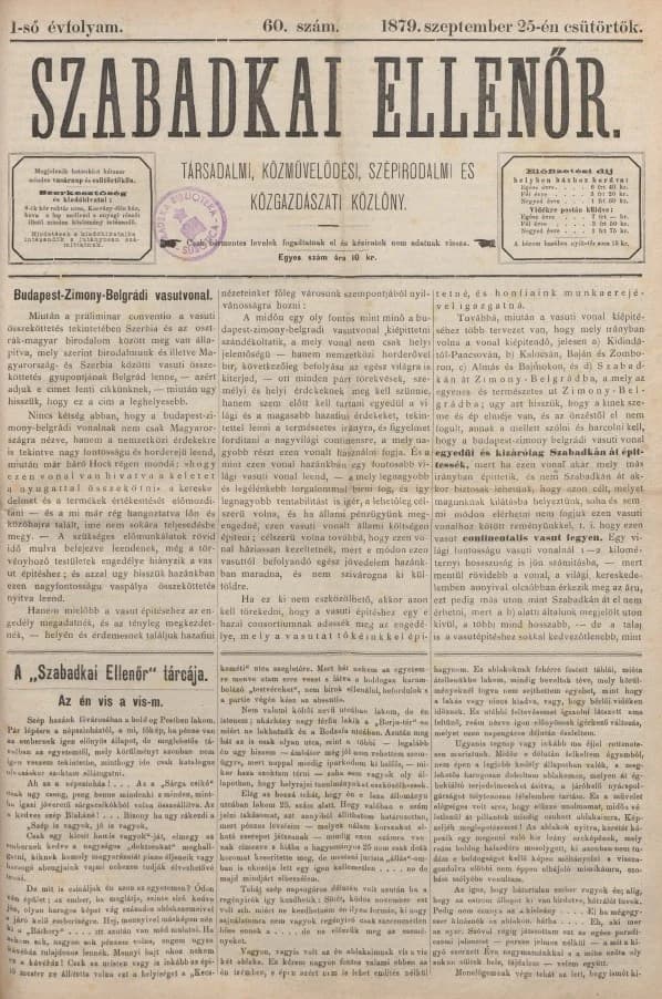 Szabadkai Ellenőr, 1. évf. 1879. szeptember 25. 60. sz.