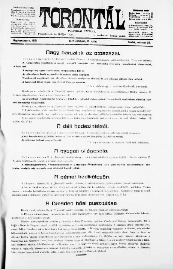 Torontál, 44. évf. 1915. március 26. 69. sz.