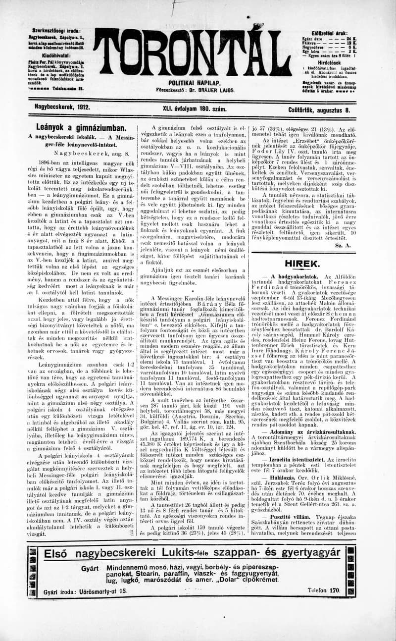 Torontál, 41. évf. 1912. augusztus 8. 180. sz.