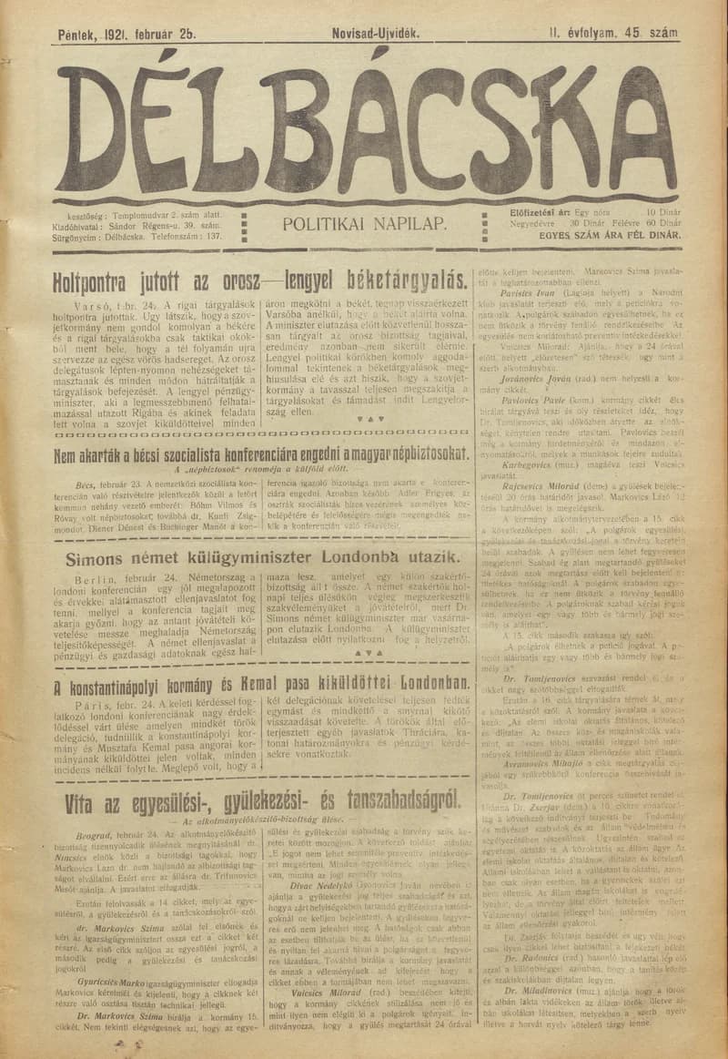 Délbácska, 2. évf. 1921. február 25. 45. sz.