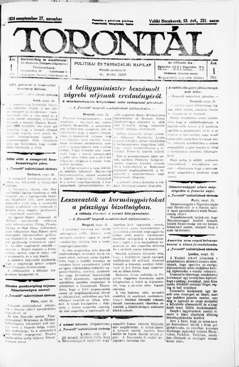 Torontál, 53. évf. 1924. szeptember 27. 221. sz.