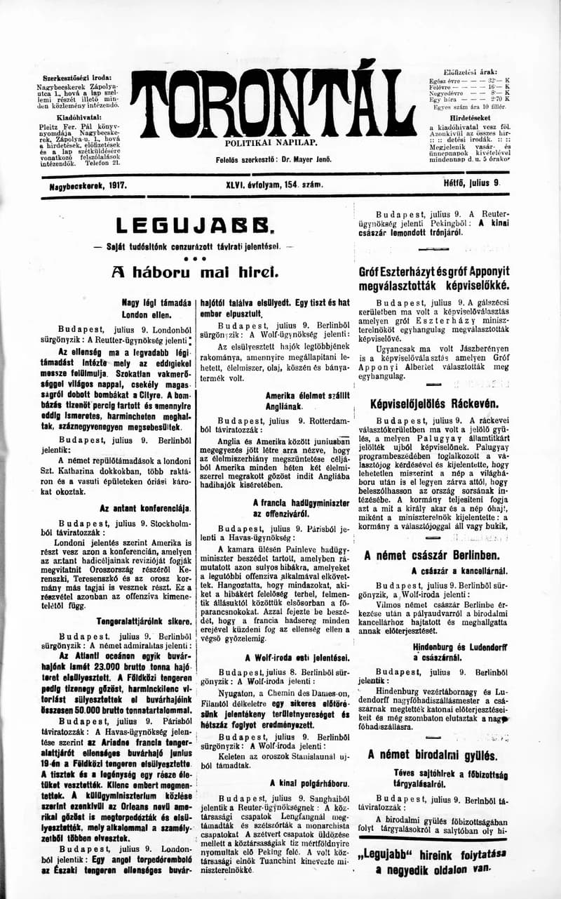 Torontál, 46. évf. 1917. július 9. 154. sz.