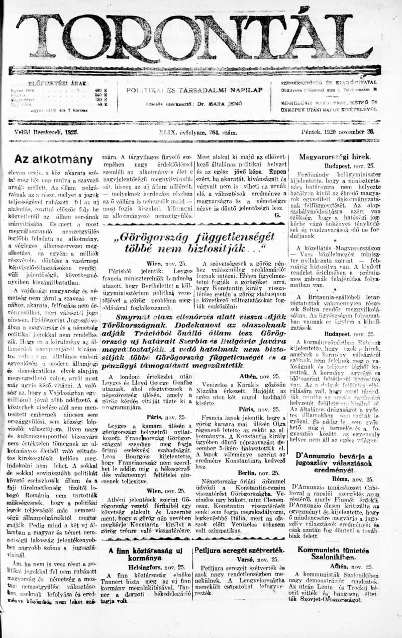 Torontál, 49. évf. 1920. november 26. 264. sz.