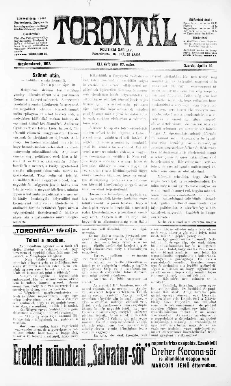 Torontál, 41. évf. 1912. április 10. 82. sz.