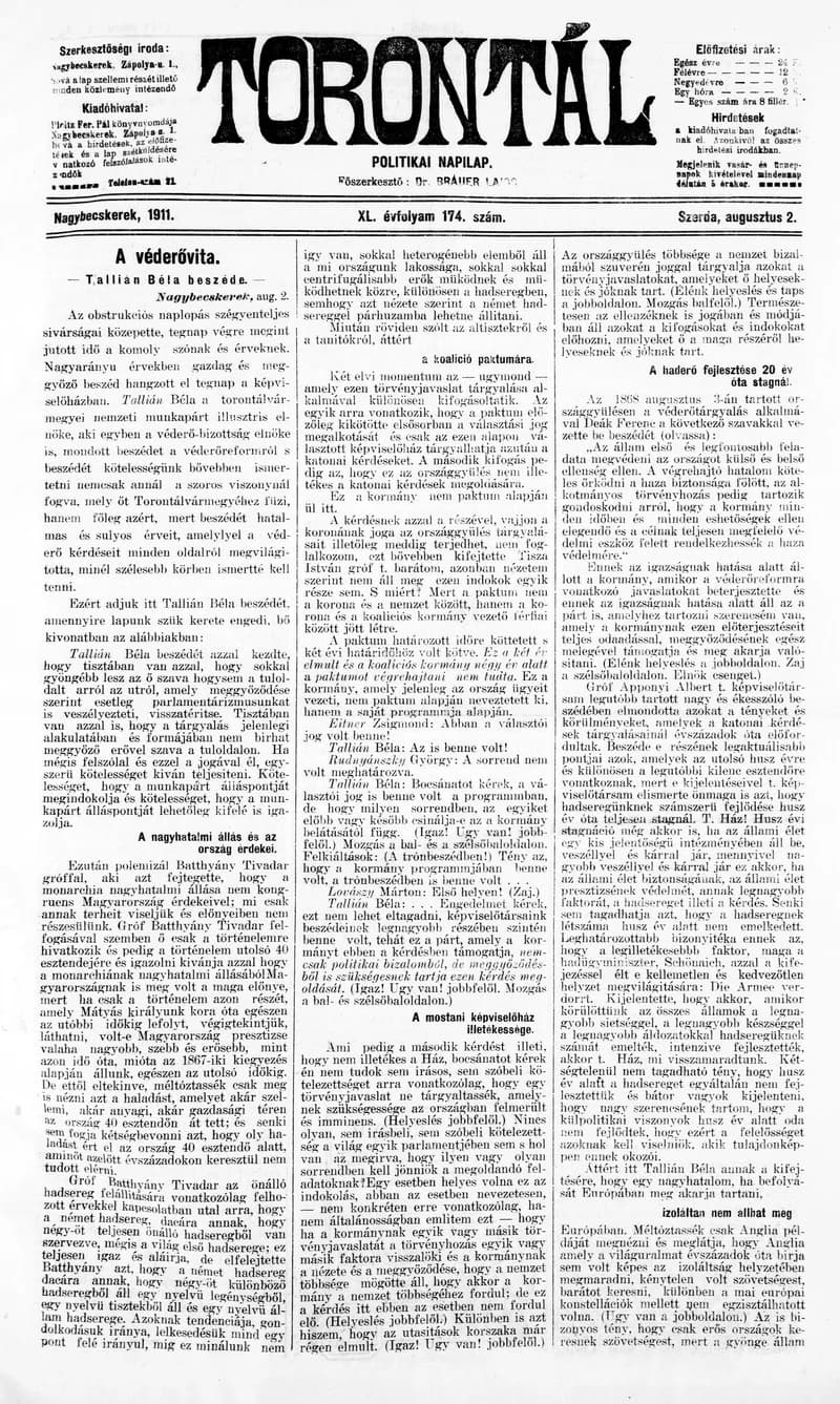 Torontál, 40. évf. 1911. augusztus 2. 174. sz.