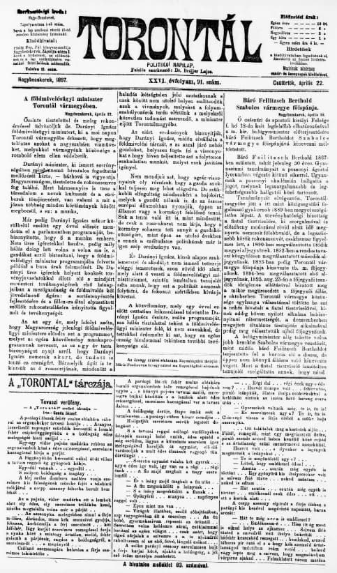 Torontál, 26. évf. 1897. április 22. 91. sz.