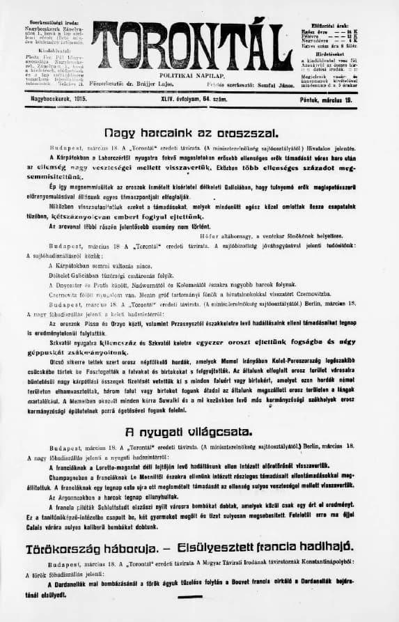 Torontál, 44. évf. 1915. március 19. 64. sz.