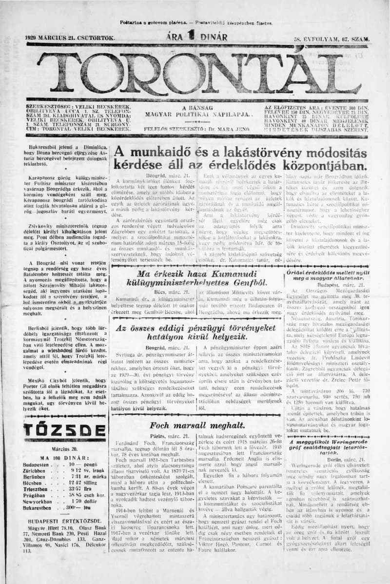 Torontál, 58. évf. 1929. március 21. 67. sz.