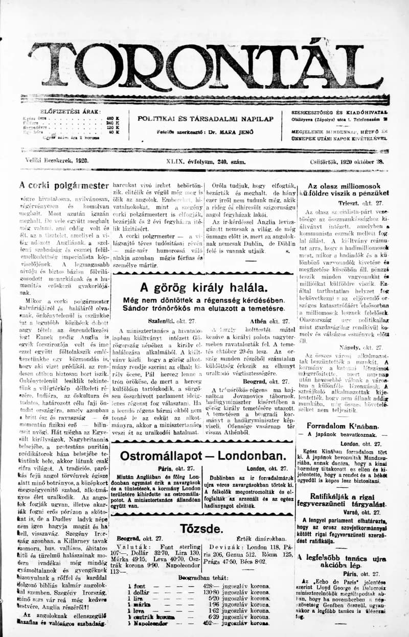 Torontál, 49. évf. 1920. október 28. 240. sz.