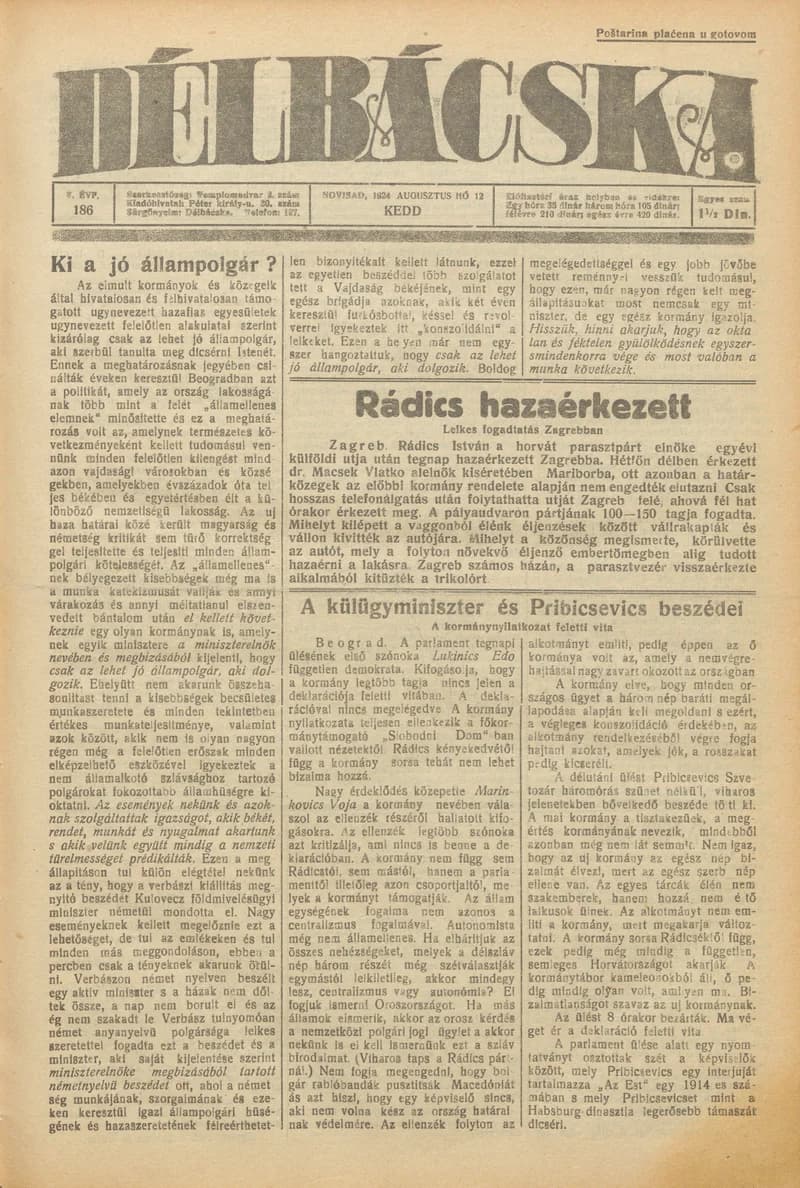 Délbácska, 5. évf. 1924. augusztus 12. 186. sz.