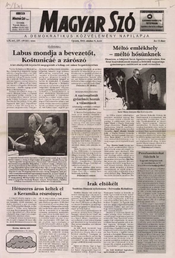 Magyar Szó, 59. évf. 2002. október 8. 237. sz. 1–16. oldal