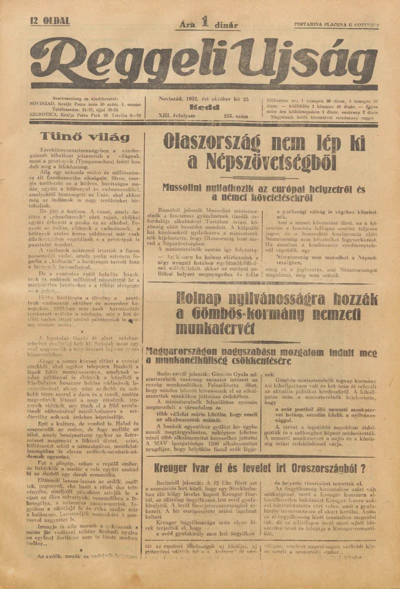Reggeli Újság, 13. évf. 1932. október 25. 253. sz.