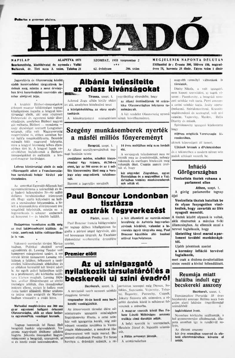 Híradó, 62. évf. 1933. szeptember 2. 206. sz.