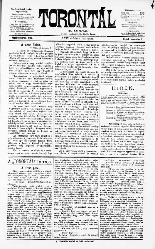 Torontál, 29. évf. 1900. december 7. 281. sz.