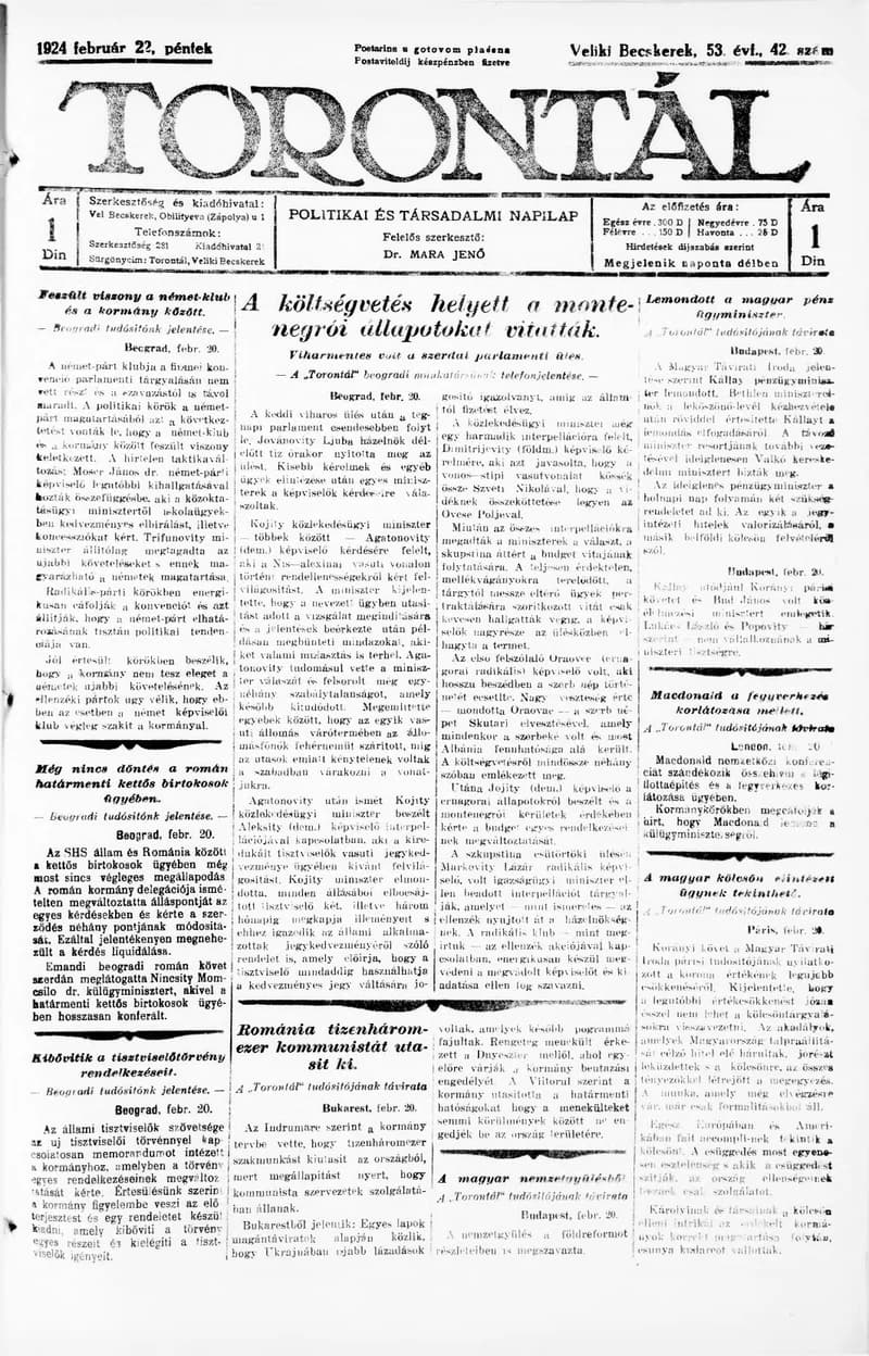 Torontál, 53. évf. 1924. február 22. 42. sz.