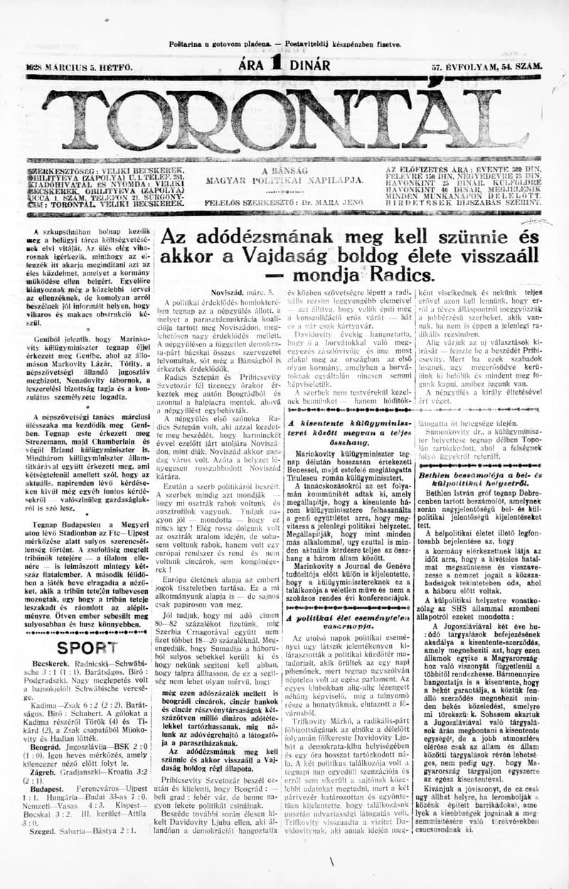 Torontál, 57. évf. 1928. március 5. 54. sz.