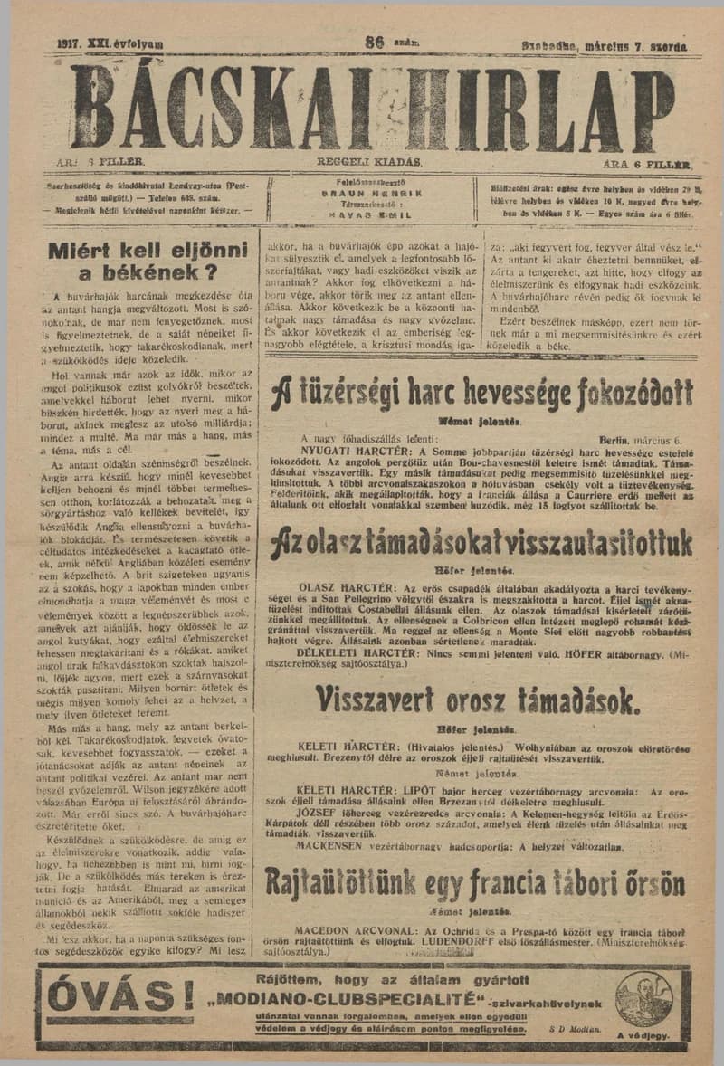 Bácskai Hirlap, 21. évf. 1917. március 7. 86. sz.