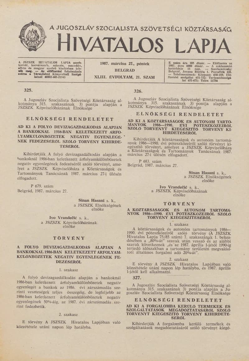 A Jugoszláv Szocialista Szövetségi Köztársaság Hivatalos Lapja, 43. évf. 1987. március 27. 21. sz. 573–584. oldal