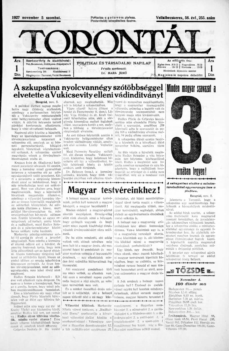Torontál, 56. évf. 1927. november 5. 255. sz.