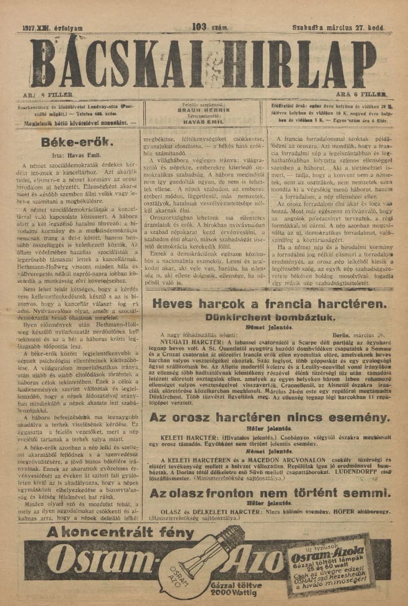 Bácskai Hirlap, 21. évf. 1917. március 27. 103. sz.