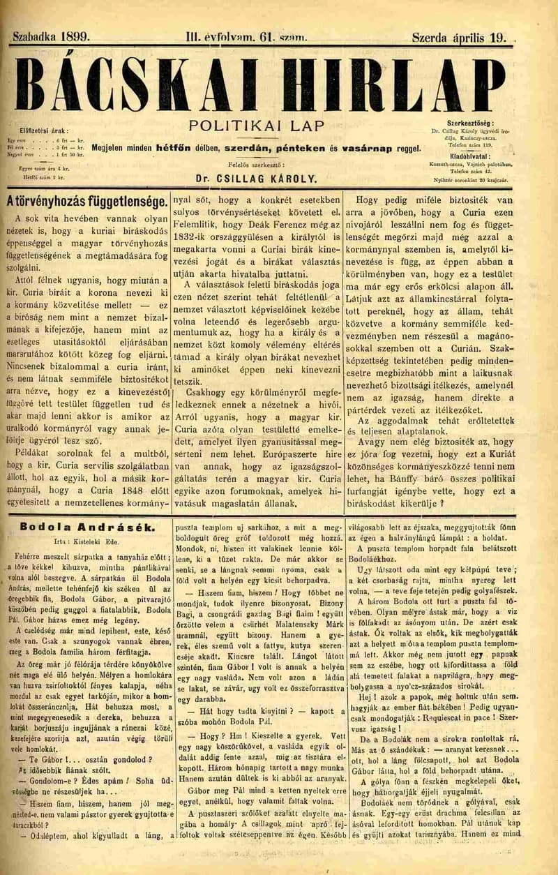 Bácskai Hirlap, 3. évf. 1899. április 19. 61. sz.