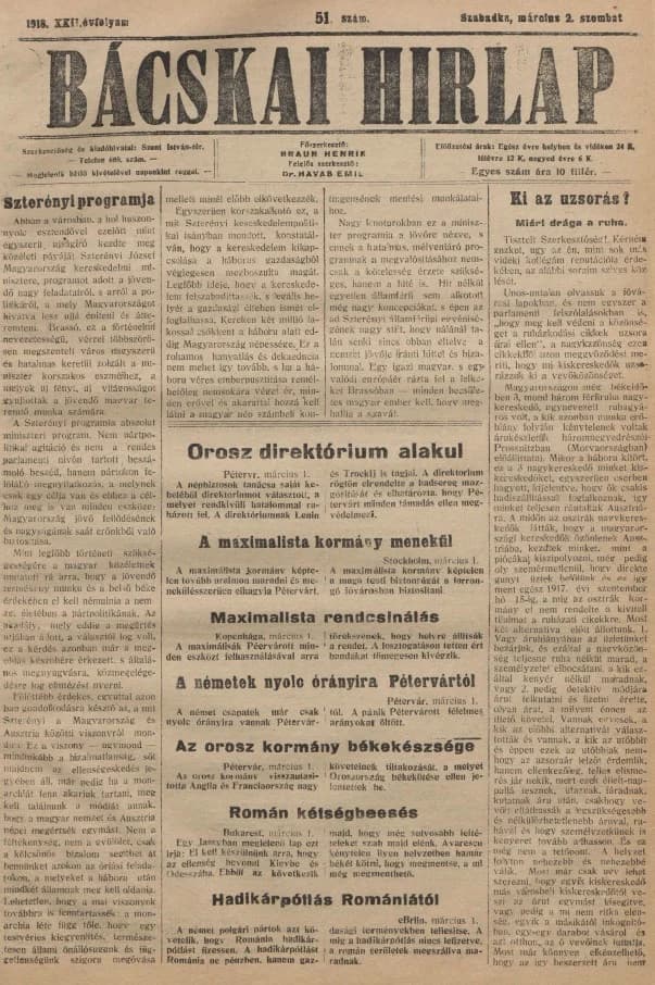 Bácskai Hirlap, 22. évf. 1918. március 2. 51. sz.