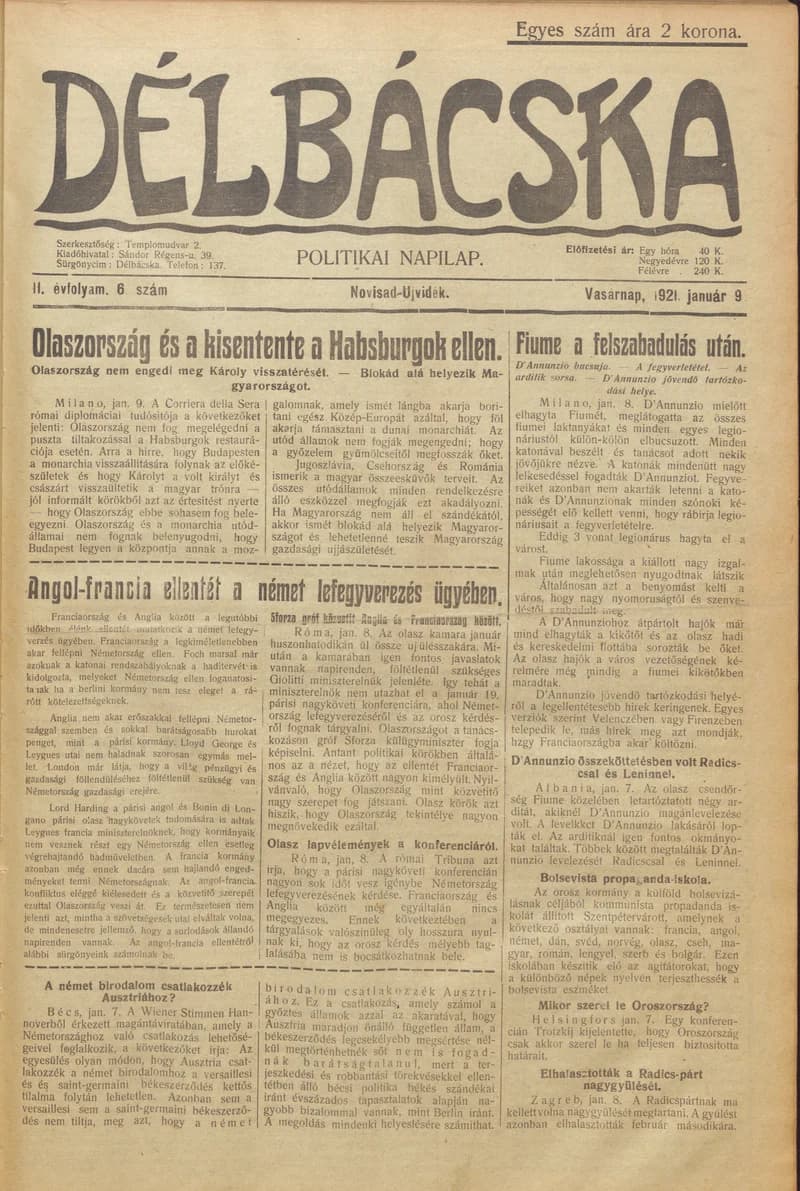 Délbácska, 2. évf. 1921. január 9. 6. sz.