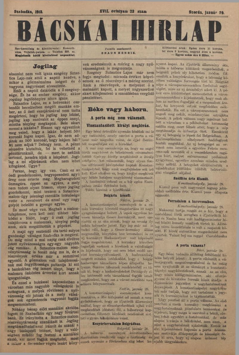 Bácskai Hirlap, 17. évf. 1913. január 29. 23. sz.