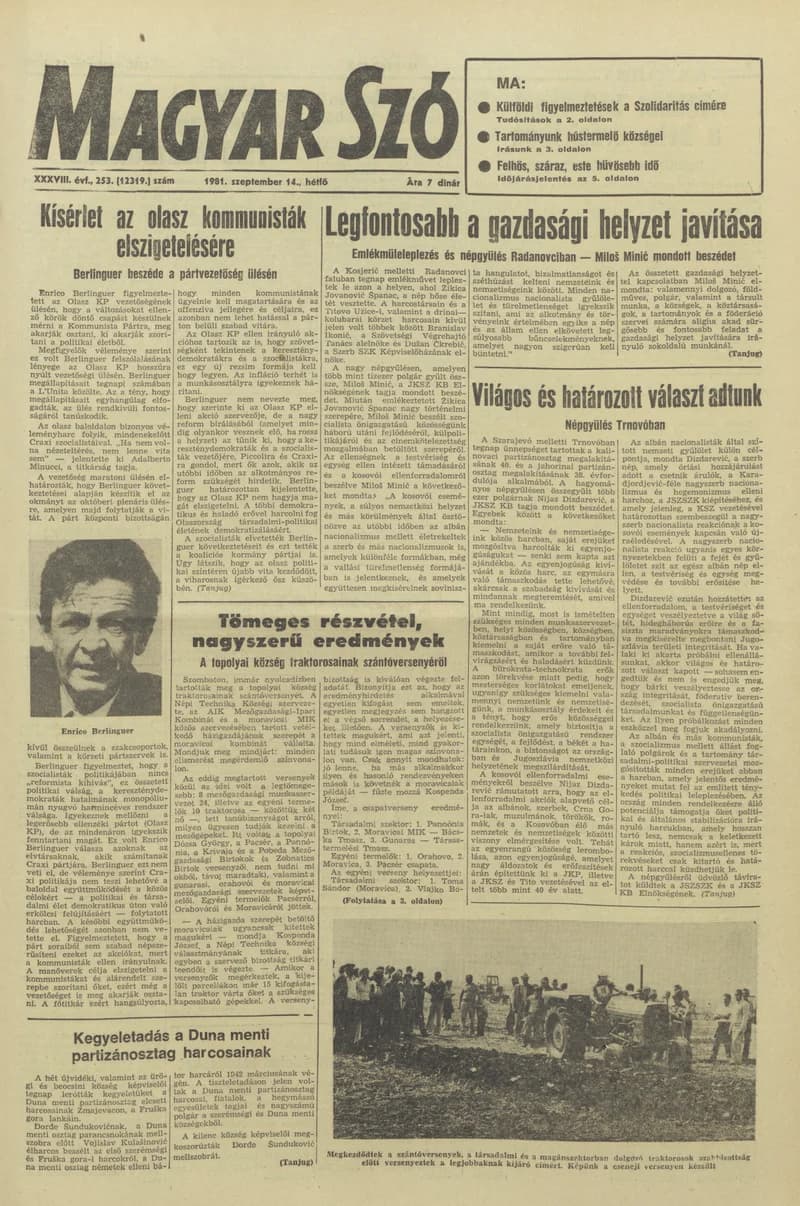 Magyar Szó, 38. évf. 1981. szeptember 14. 253. sz.