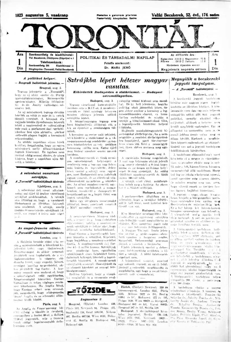 Torontál, 52. évf. 1923. augusztus 5. 174. sz.