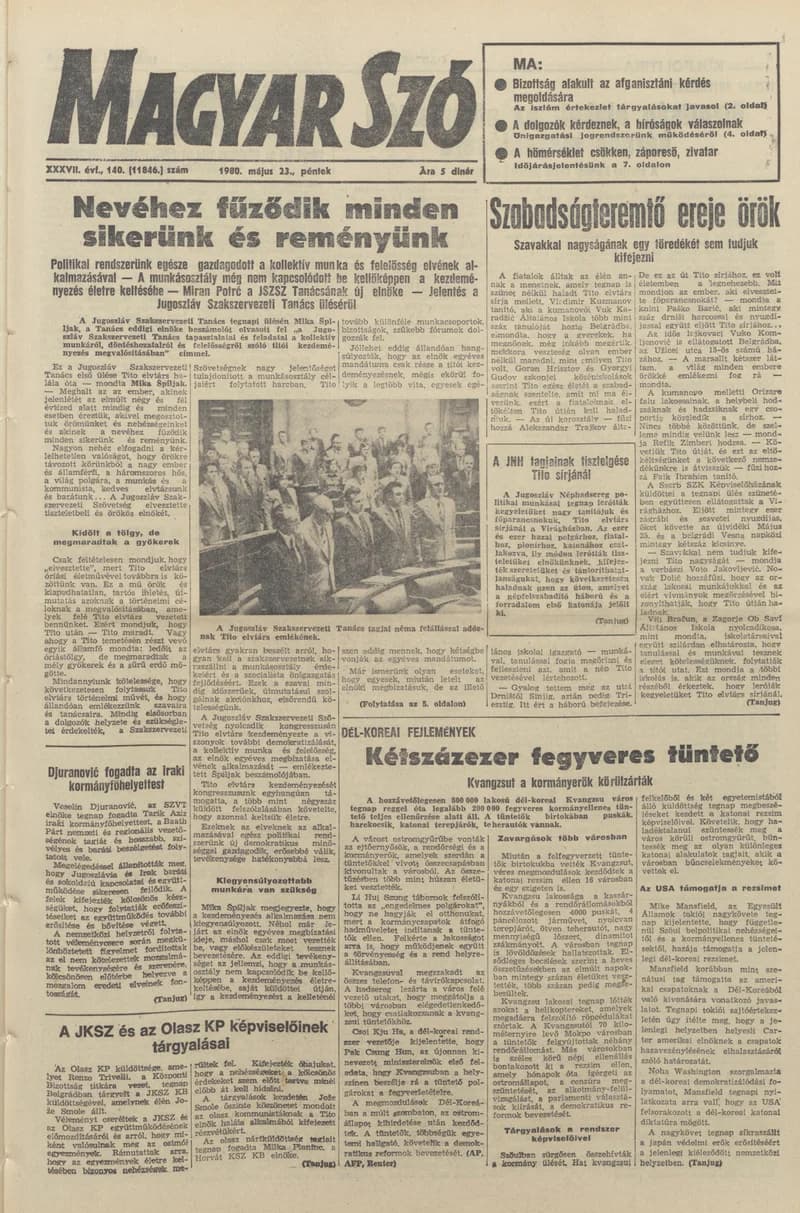 Magyar Szó, 37. évf. 1980. május 23. 140. sz. 1–20. oldal