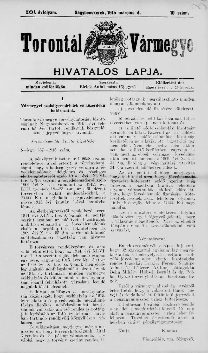 Torontál Vármegye Hivatalos Lapja, 31. évf. 1915. március 4. 10. sz.