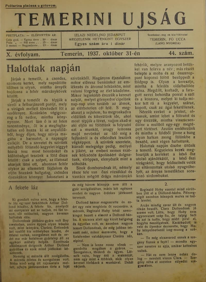 Temerini Újság 1928-1944, 10. évf. 1937. október 31. 44. sz.